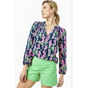 Lilly Pulitzer Elsa Silk Top Blouse in Oyster Bay Navy De Vine Hollyhocks Sz M